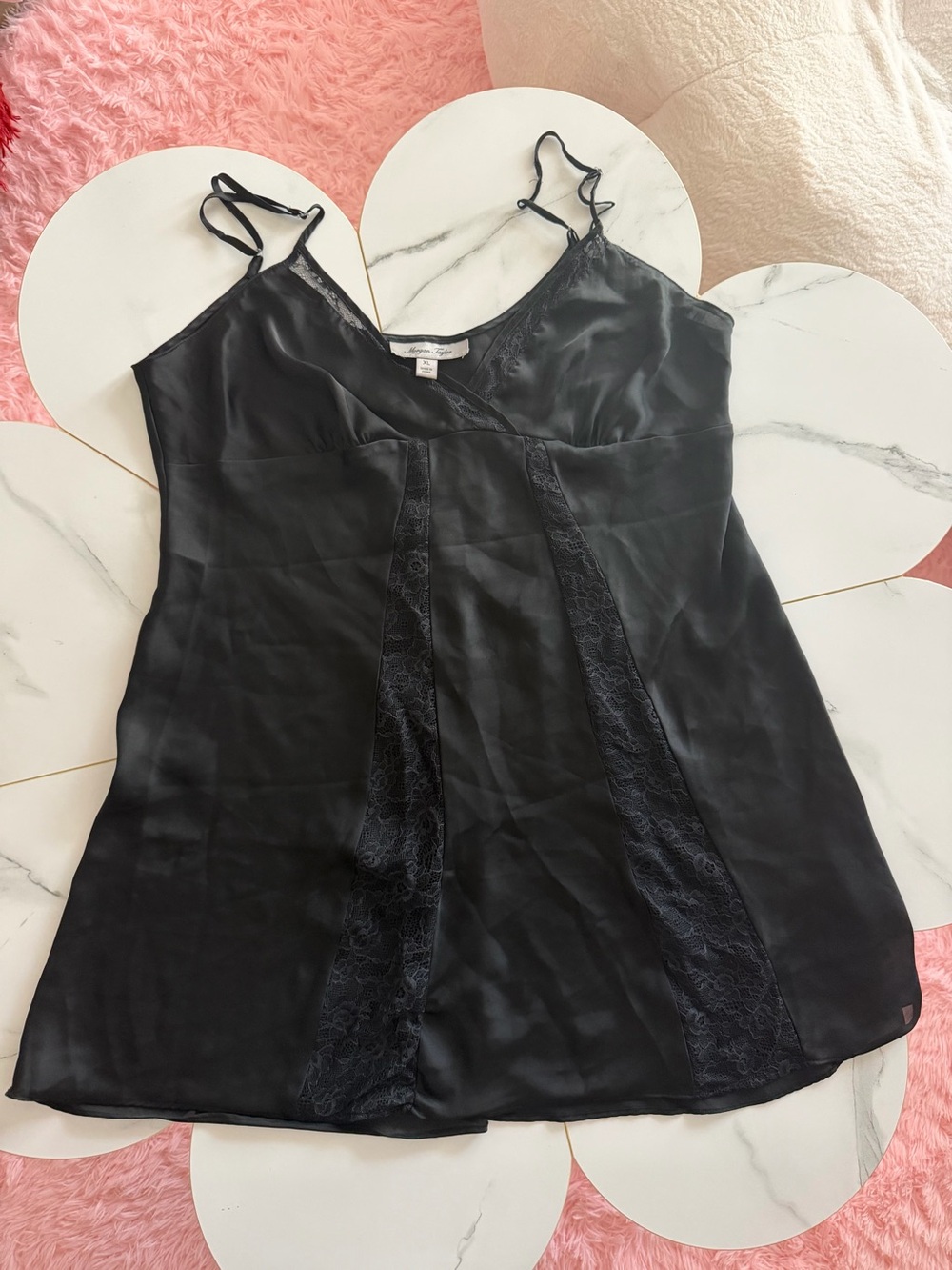 Morgan Taylor Black Satin &‎ Lace Slip Chemise